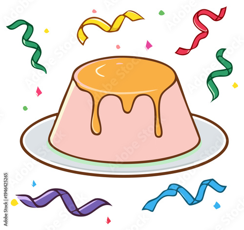 Sweet dessert with caramel sauce on a plate surrounded by festive confetti and ribbons for celebrations