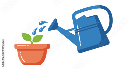 Blue watering can pouring water onto a small green plant in an orange pot, isolated white background.