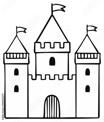 Whimsical Castle Drawing with Towers and Flags, Black and White Illustration for Coloring or Design