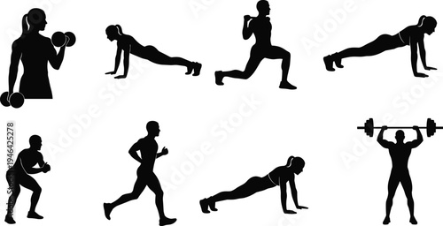 Fitness workout silhouette collection featuring people doing push ups, running, lunges, squats, weightlifting and dumbbell exercises isolated black vector gym training icons set
