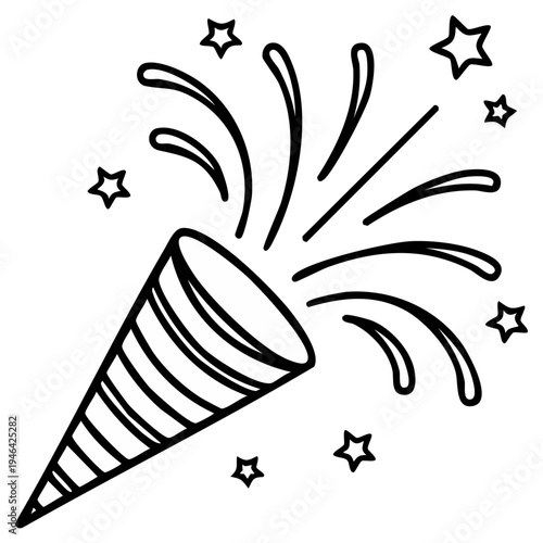 Celebratory Party Popper Exploding With Streamers and Stars Simple Line Art