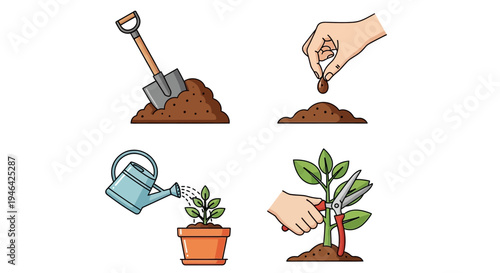 Set of gardening icons showing soil, shovel, planting seeds, watering a plant, and pruning a plant, isolated white background.