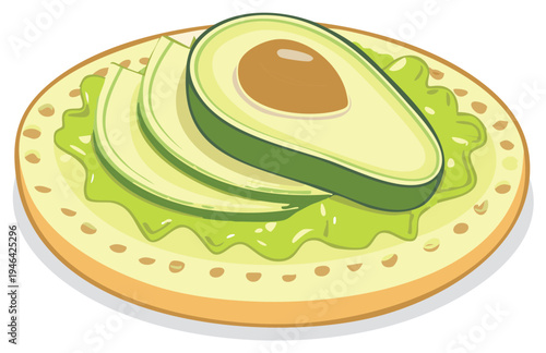 Stylized illustration of fresh avocado slices and half with pit on a round cracker with green spread healthy snack