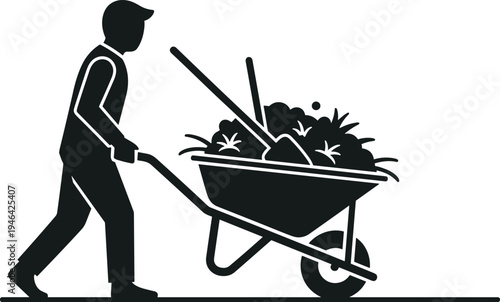 Gardener pushing wheelbarrow with plants silhouette isolated on white background gardening landscaping outdoor work vector illustration for agriculture and garden maintenance concept