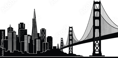 Black and white of San Francisco skyline with Golden Gate Bridge