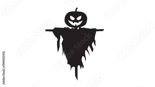 Scarecrow silhouette with a jack-o-lantern head for Halloween, featuring tattered clothing and a menacing grin.