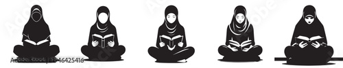 vector silhouette of a woman sitting reading the Quran front view