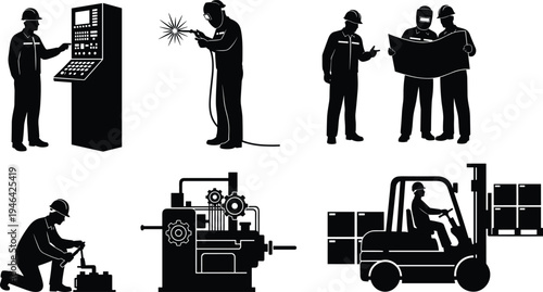 Industrial worker silhouettes performing manufacturing tasks including welding, machine operation, blueprint review, forklift driving, and equipment handling, representing engineering