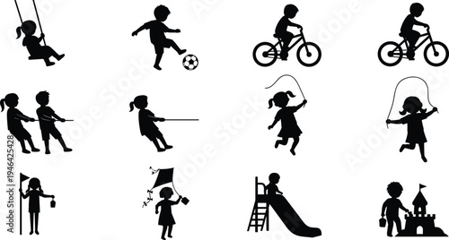 Kids playing silhouette collection with children activities including swing, cycling, football, skipping rope, kite flying and playground fun isolated on white background vector set