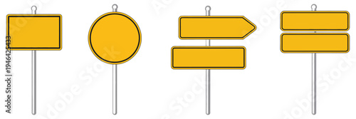 road traffic signs set with blank board space for text, yellow warning sign collection with direction symbols, vector illustration isolated on transparent background for driving instruction and cautio