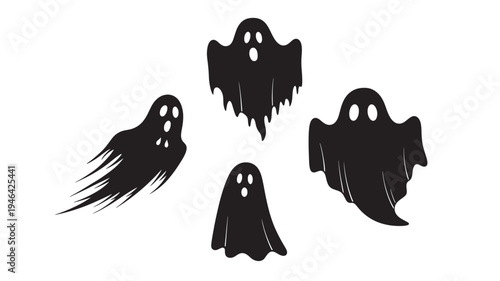 Ghosts black illustration set with expressive faces and flowing shapes on a white background for Halloween designs