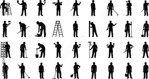 Handyman and construction worker silhouettes with tools ladder hammer paint roller maintenance repair labor occupation icons collection isolated vector illustration