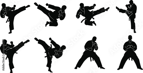 Martial arts silhouettes collection featuring karate practitioners in dynamic poses including high kicks, flying kicks, defensive stances, and ready positions