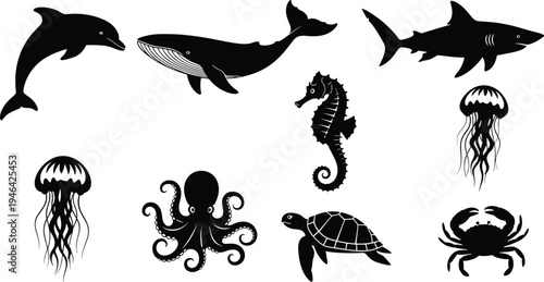 Marine animal silhouettes collection including dolphin whale shark jellyfish octopus seahorse turtle and crab isolated on white background ocean wildlife vector illustration set