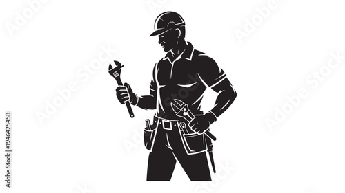 Builder silhouette with wrench and pliers in hand, wearing a hard hat and tool belt, professional construction worker.