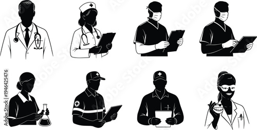 Medical professional silhouette collection featuring doctor, nurse, paramedic, scientist and healthcare worker icons holding clipboard and laboratory tools isolated black vector set
