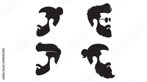 Silhouettes of diverse hipster hairstyles and beards in profile, featuring man buns and stylish haircuts, presented as a black graphic collection.