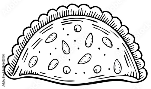 Hand drawn illustration of a traditional empanada with decorative crust and filling