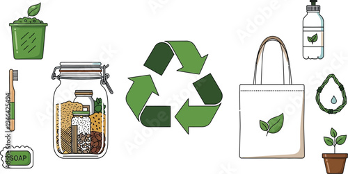 Assortment of zero waste lifestyle items centered around a large green recycling symbol illustration