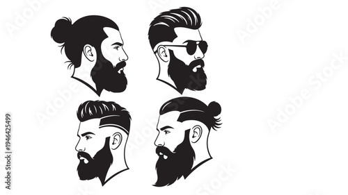 Men's hairstyles with beards in profile, including buns and sunglasses, rendered in a bold black silhouette.
