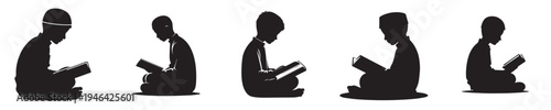 vector silhouette of a little boy sitting reading the Quran side view