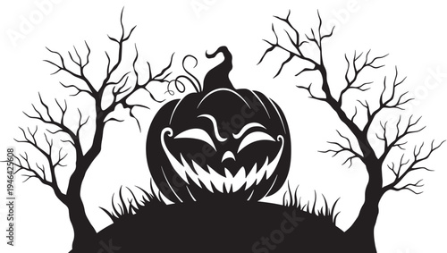 Pumpkin carved for Halloween, set against a backdrop of silhouetted bare trees and spooky grass, creating a festive, haunting scene.