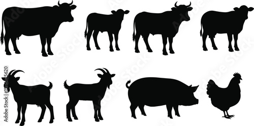 Minimalist farm animal silhouettes collection featuring cows, goats, pig, and chicken in side profile design, perfect for agriculture, veterinary, education, and livestock industry illustrations.