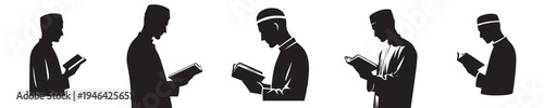 half body vector silhouette of a man standing reading the Quran side view