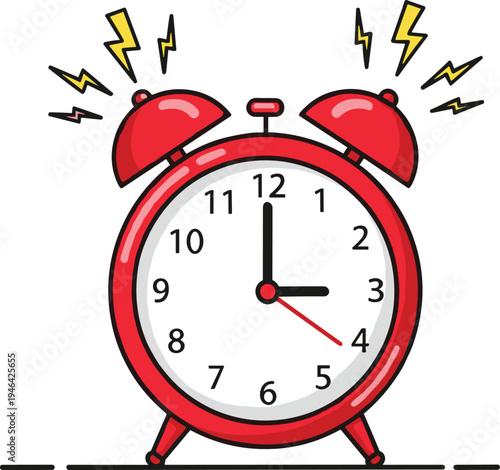 Alarm clock ringing illustration, classic red wake up clock with bells, morning time reminder icon, cartoon style vector