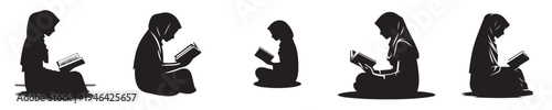 vector silhouette of a woman sitting reading the Quran side view