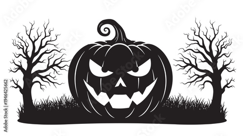 Pumpkin jack-o'-lantern with spooky trees and grass, symbolizing Halloween night and spooky celebrations