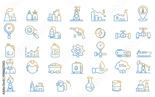 Oil and Gas Industry Line Icon Set with Energy Production, Refinery, Pipeline, Fuel, Mining and Industrial Equipment Symbols