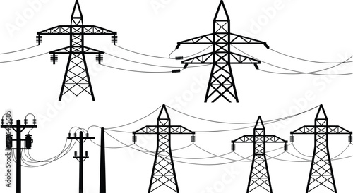 Black and white of various power transmission towers and utility poles with electrical lines power grid