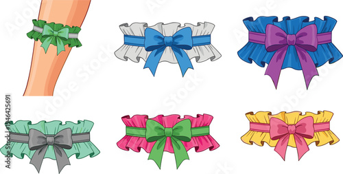 Bridal garter set with ribbon bows, wedding garter accessories collection, decorative lace garter illustration for bride fashion