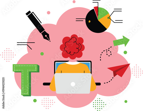 Creative content creation concept, digital marketing design tools, blogging writing analytics illustration, online creativity workflow vector