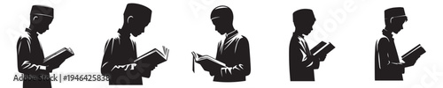 half body vector silhouette of a little Muslim boy standing reading the Quran side view