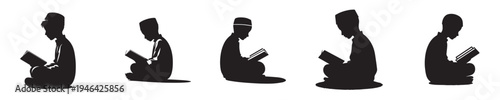 vector silhouette of a little boy sitting reading the Quran side view