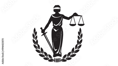 Lady Justice silhouette icon with scales and sword, symbolizing law and justice, set within a laurel wreath.