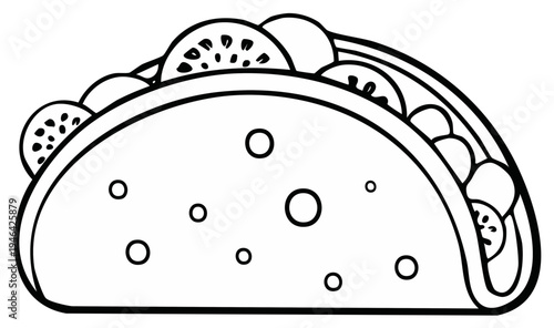 Outline of a taco filled with tomato and cheese, isolated on a white background, coloring page
