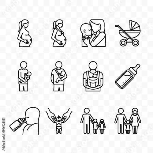 Line art icons depict various stages of parenthood and childcare activities daily