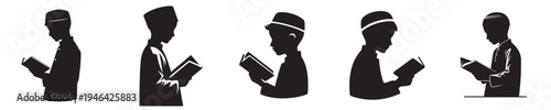 half body vector silhouette of a little Muslim boy standing reading the Quran side view