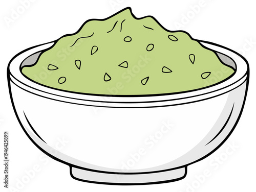 Fresh green guacamole dip with avocado chunks in a white bowl cartoon illustration