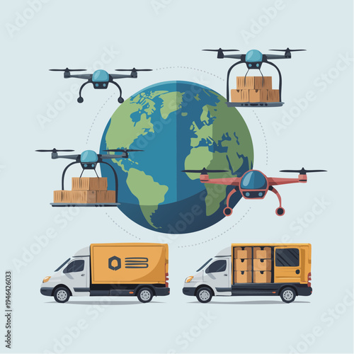 Global logistics network with drones delivering packages around the world and delivery vans on the ground, illustrating modern shipping and transportation.