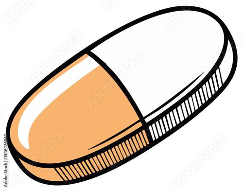 Cartoon-style illustration of a white and orange capsule or pill, a medical concept