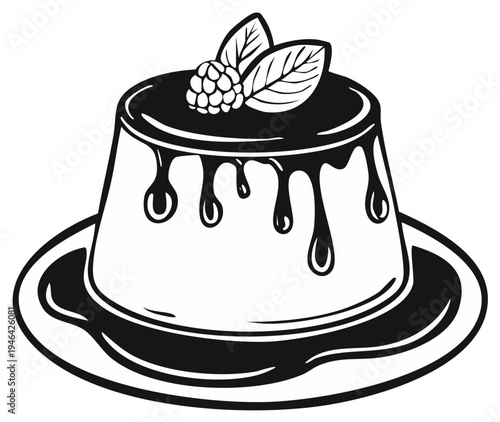 Panna cotta vector illustration with chocolate drizzle and berry decoration on plate in black and white