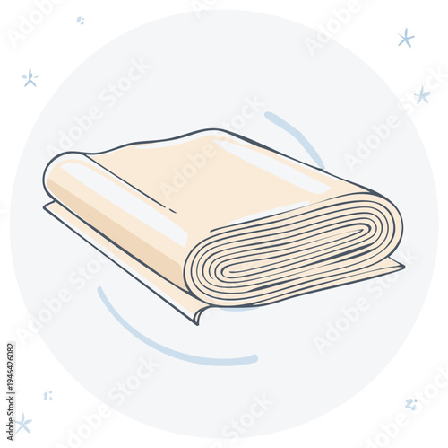 Roll of fabric illustration, folded fabric on a round blue background with stars and swirls