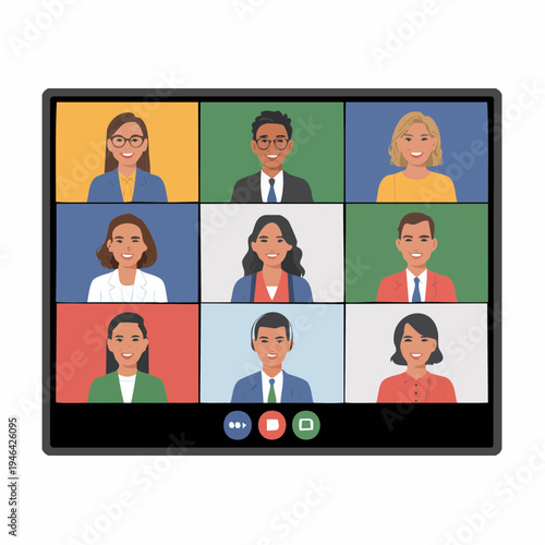 Diverse group of people participating in an online video conference call, displayed on a computer screen with nine individual video tiles.