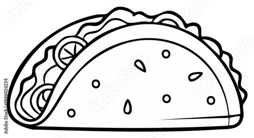 Outlined black and white illustration of a delicious taco with fillings, perfect for coloring.