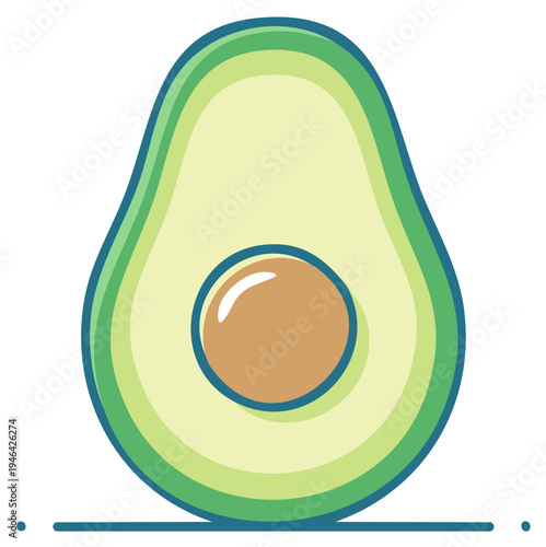 Vibrant avocado half illustration with seed, green peel and light green flesh, perfect for healthy eating themes