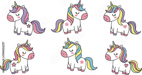 Cute unicorn cartoon set, colorful magical pony characters, rainbow mane fantasy animals, kids nursery illustration collection for birthday, baby design